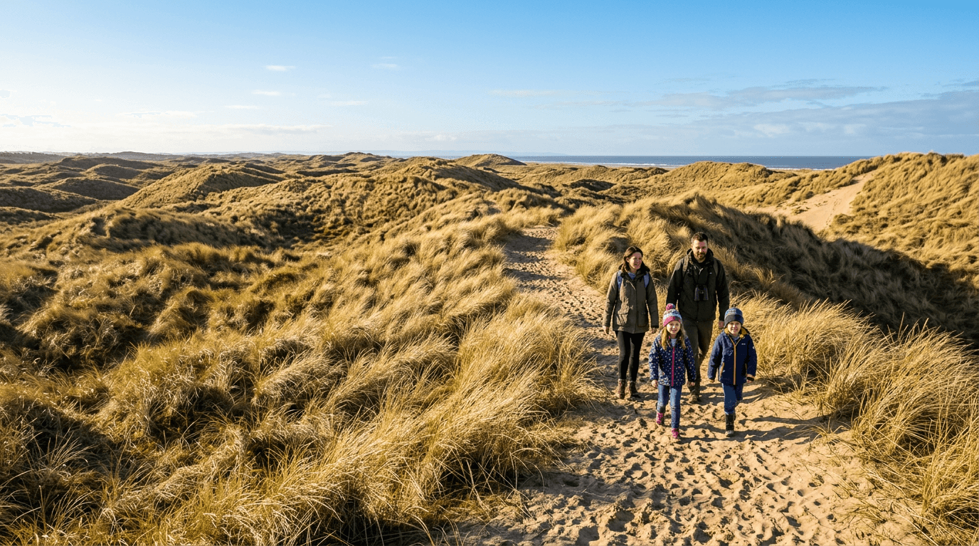 Family walking through the dunes at Ainsdale National Nature Reserve on a spring day