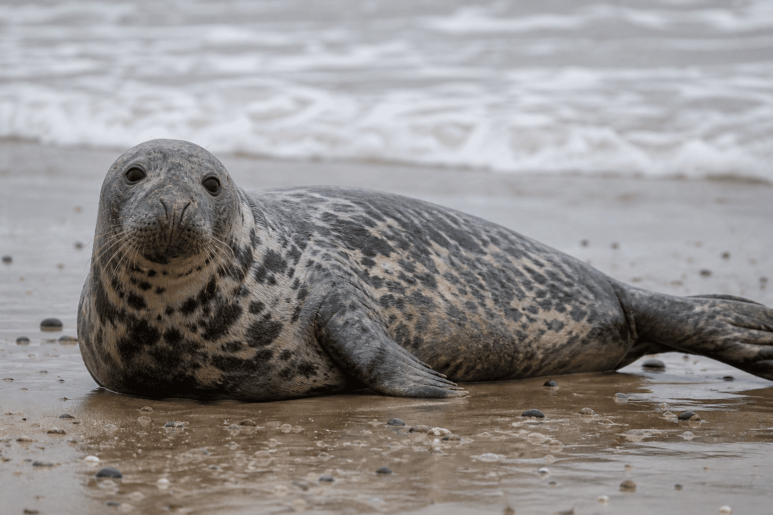 Grey seal resting on wet sand, looking directly at camera, Sefton Coast beach