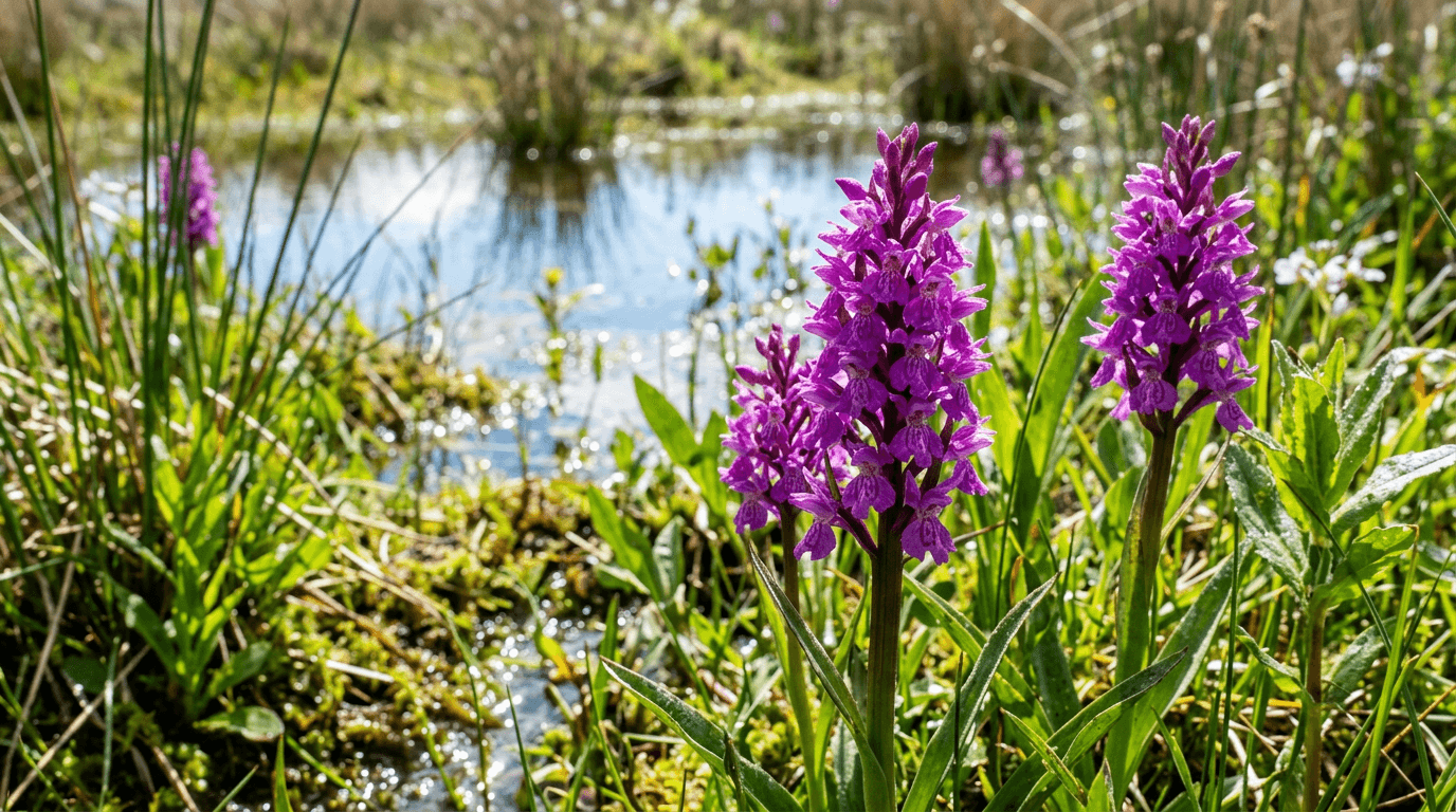 Northern Marsh Orchids growing in a dune slack wetland with shallow water and dune ridges behind