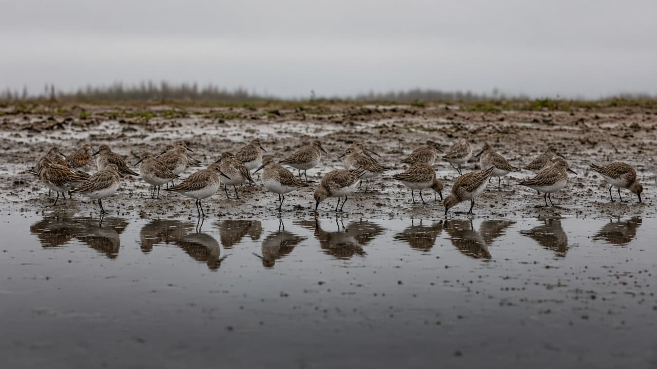 Flock of dunlin wading birds on the shallow muddy scrape at Marshside RSPB in autumn, reflections in still water