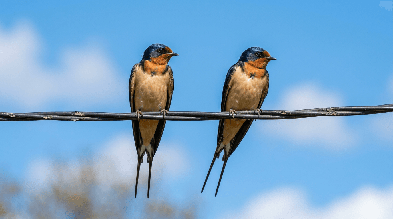 Two barn swallows perched on a wire against a blue sky in spring