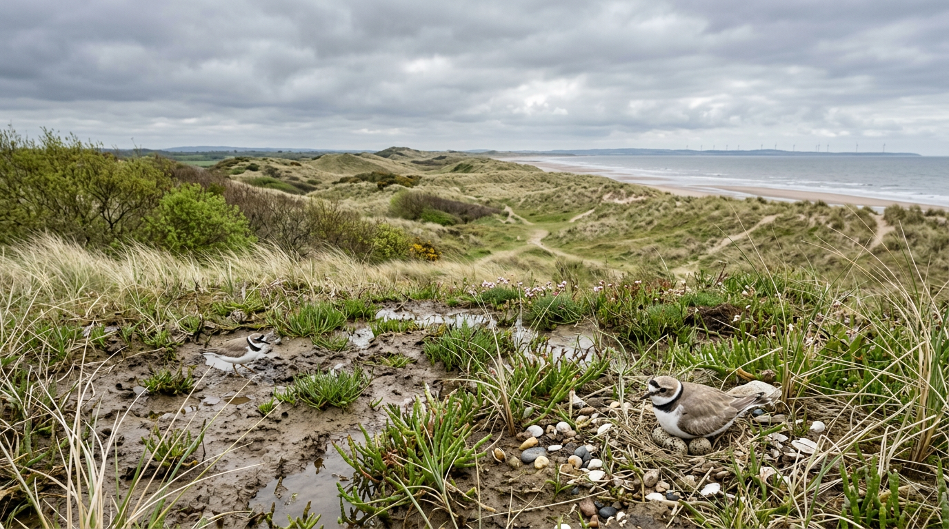 Spring wildlife scene on the Sefton Coast dunes in April, with nesting birds and greening vegetation