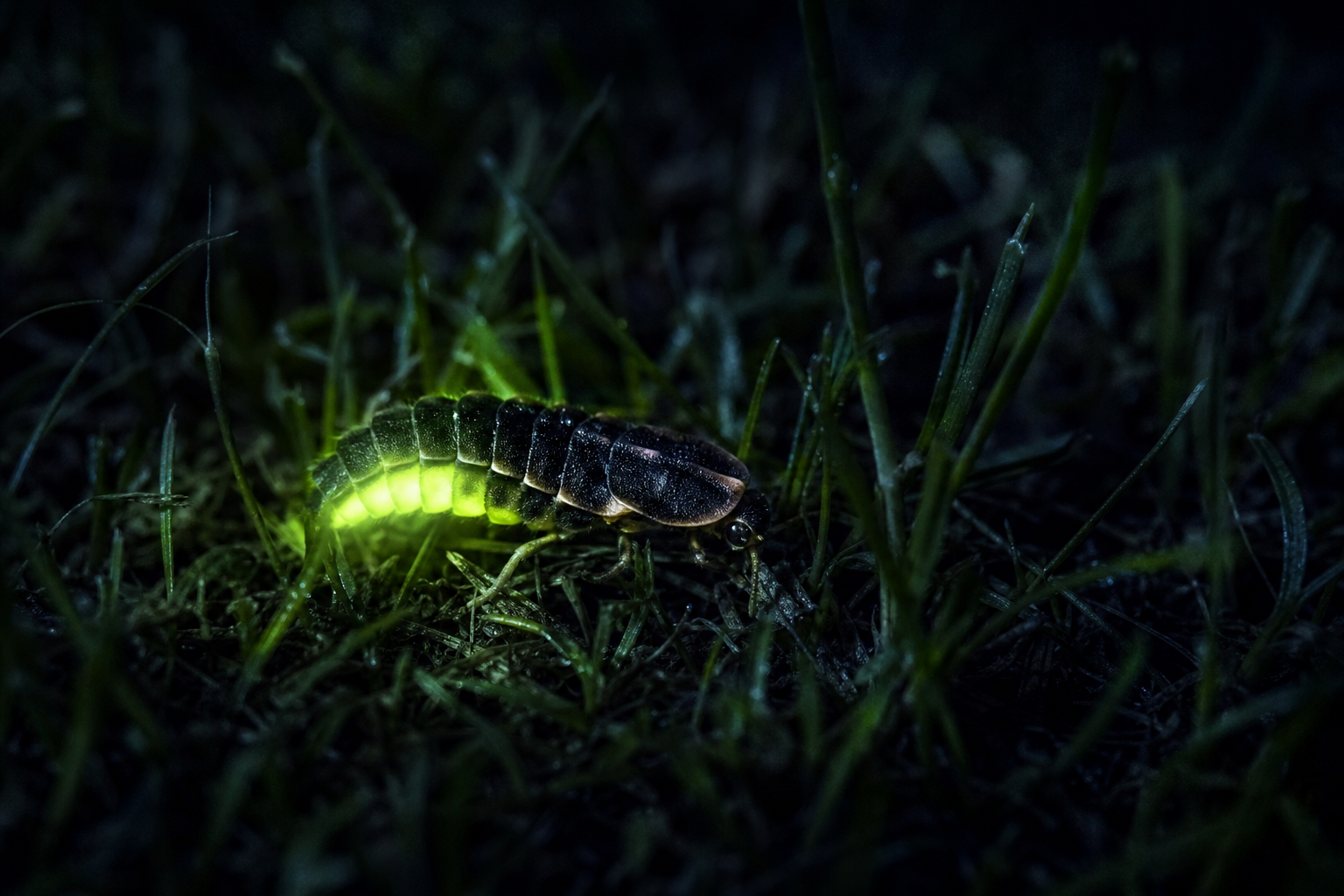 Glow-worm emitting green bioluminescent light in short grass at night, Sefton Coast dunes