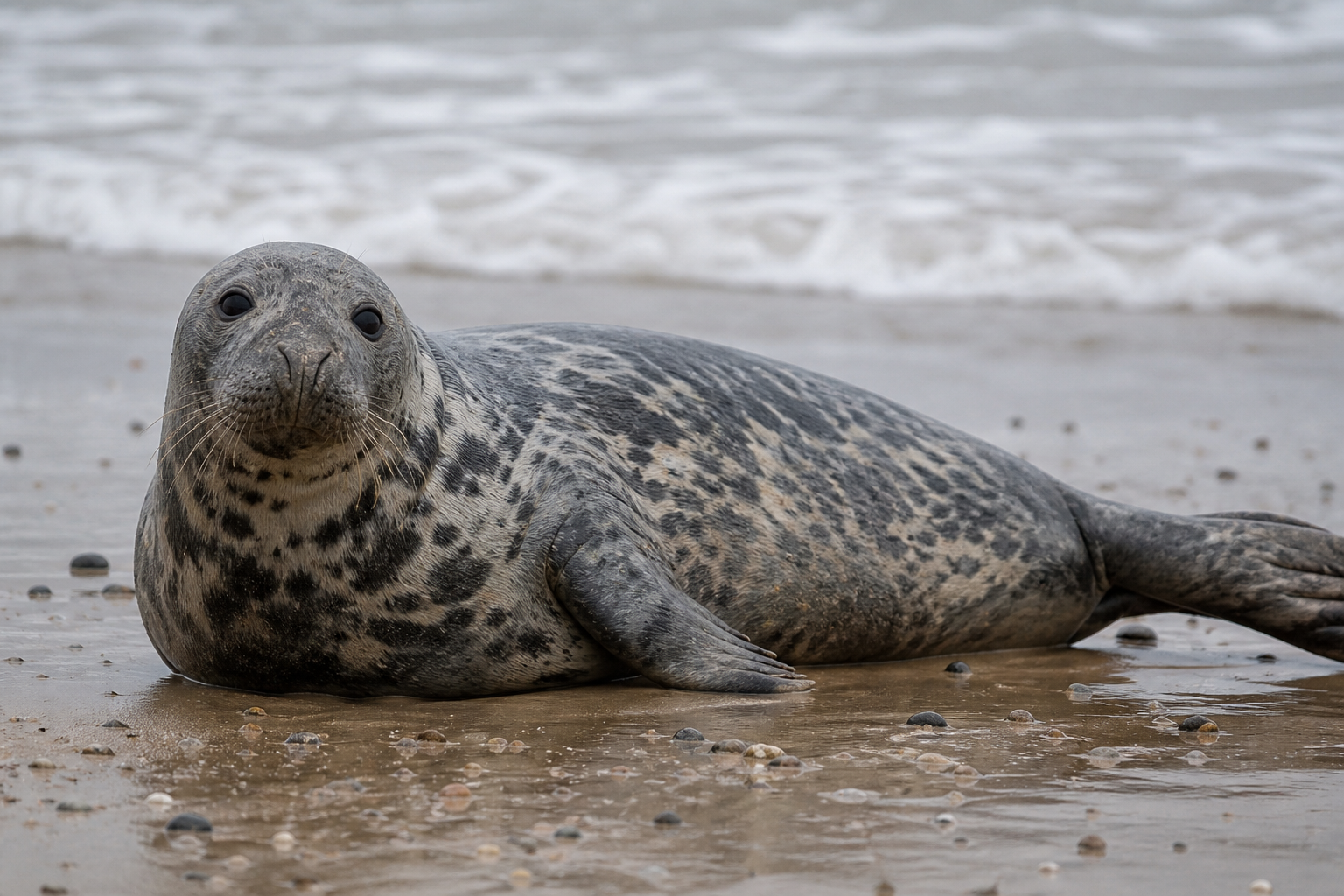 Grey seal resting on wet sand, looking directly at camera, Sefton Coast beach