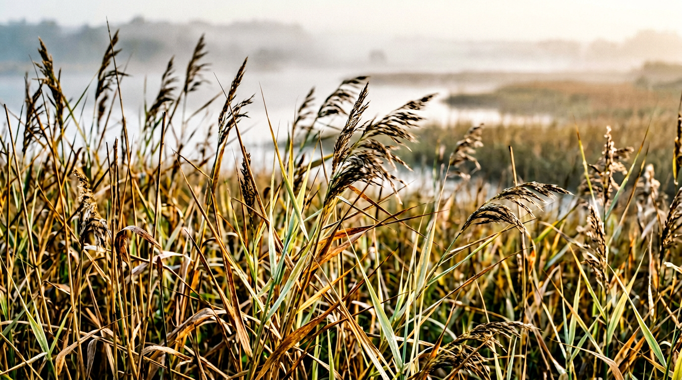 Reed stems and coastal grass at the edge of a Lancashire estuary in early morning mist
