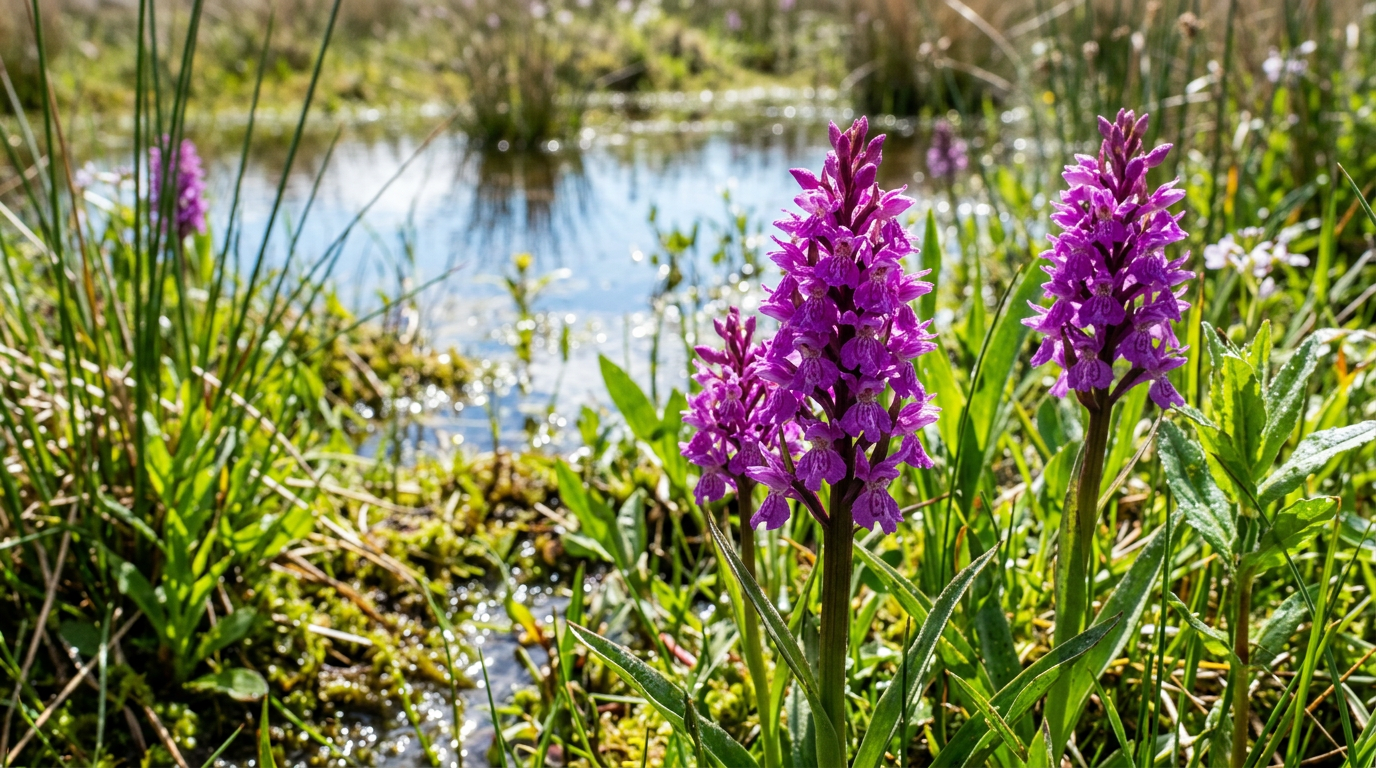 Northern Marsh Orchids growing in a dune slack wetland with shallow water and dune ridges behind
