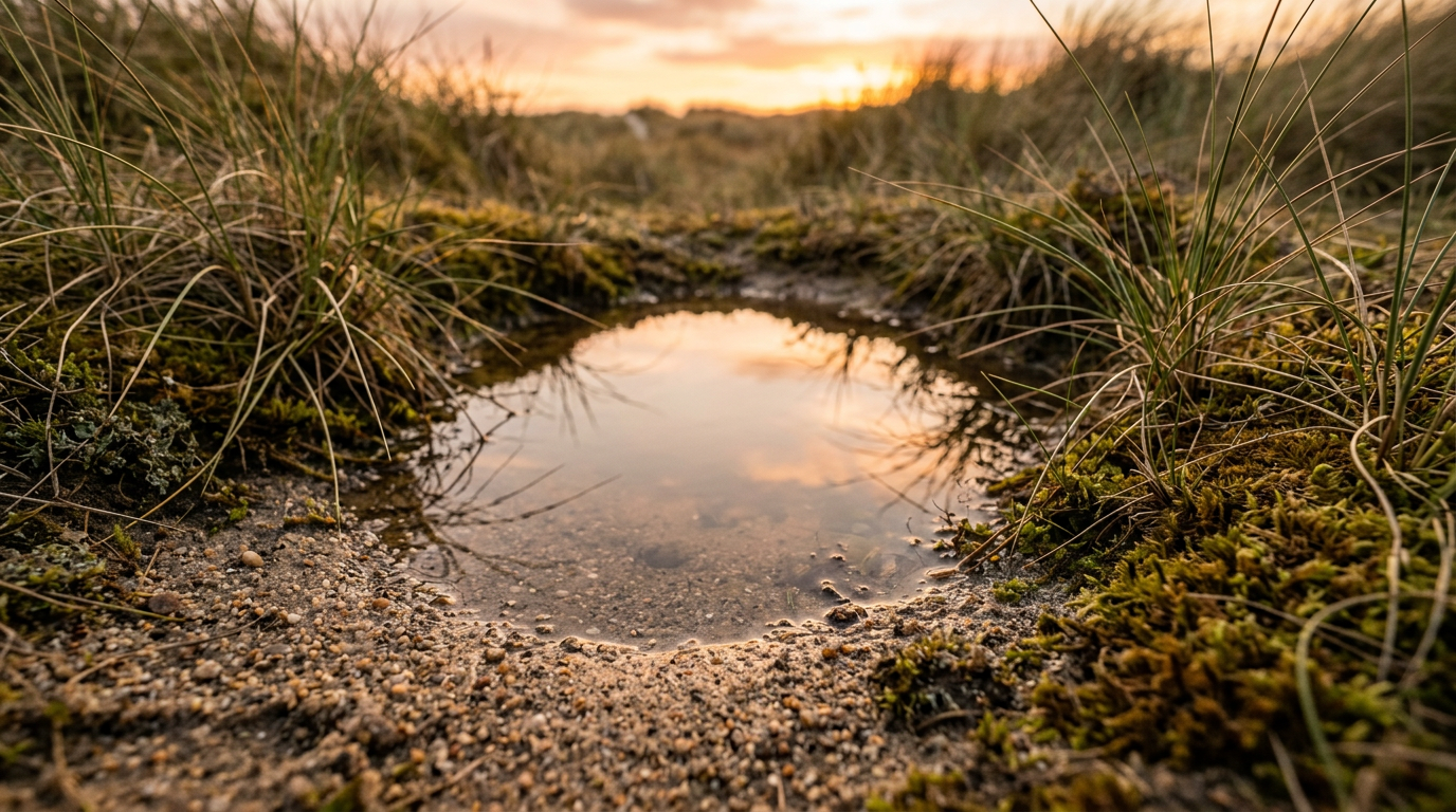 A shallow dune slack pond at sunset surrounded by marram grass — Natterjack Toad breeding habitat on the Sefton Coast