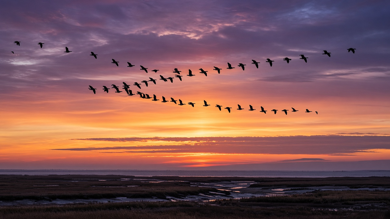 Skein of pink-footed geese in V formation flying at dusk over a flat coastal marsh, silhouettes against an orange and purple sunset sky