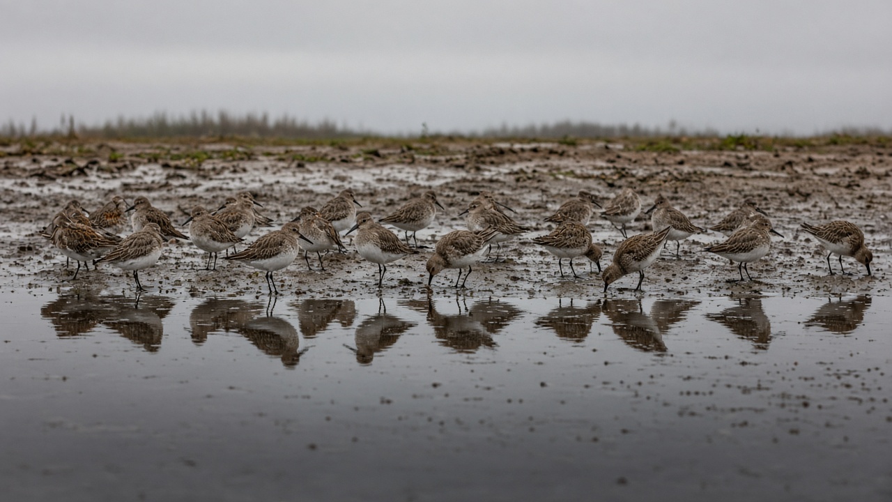 Flock of dunlin wading birds on the shallow muddy scrape at Marshside RSPB in autumn, reflections in still water
