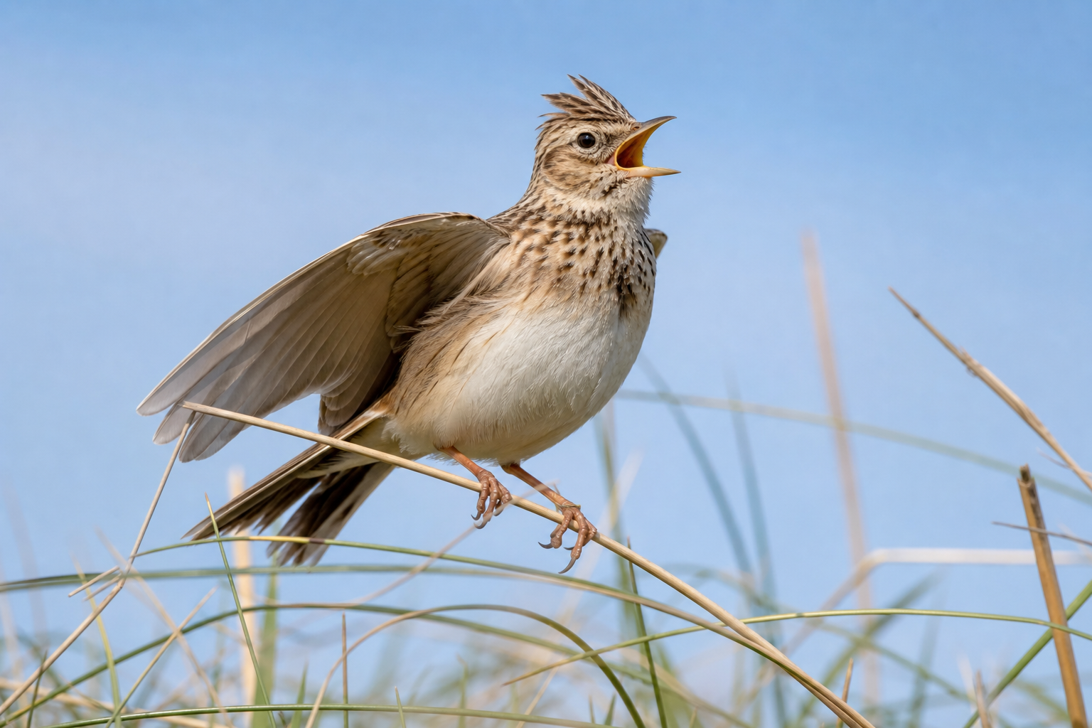 Skylark perched on dune grass stem with open beak singing, pale blue coastal sky background