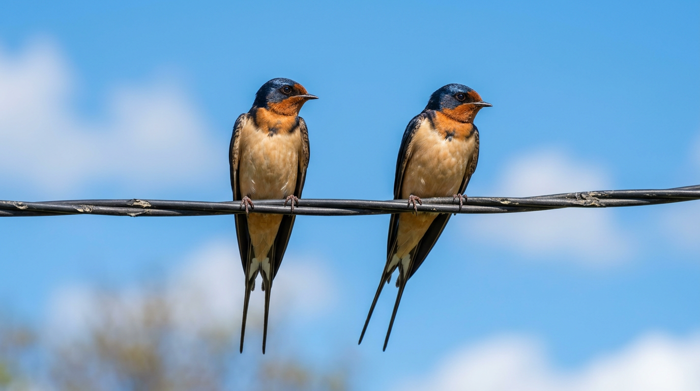 Two barn swallows perched on a wire against a blue sky in spring