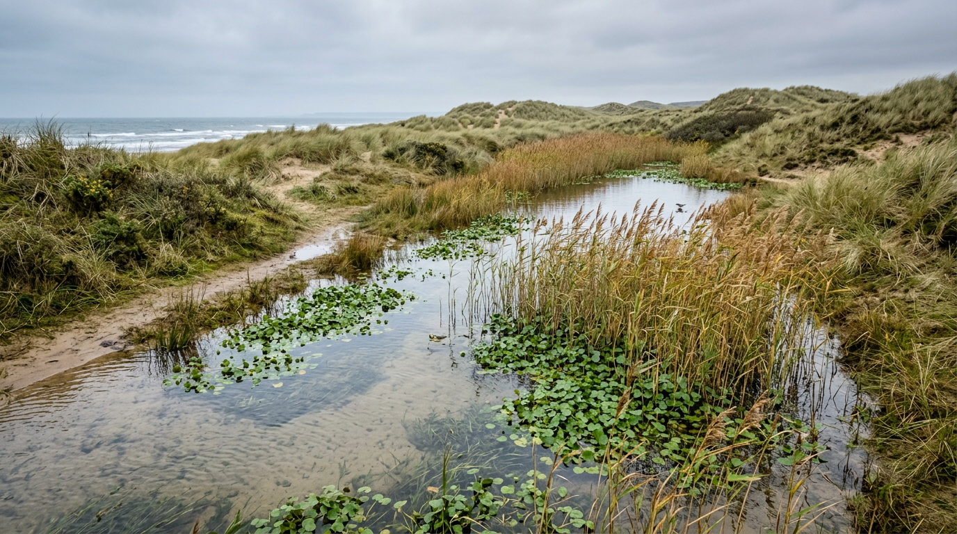 Dune slack wetland at Ainsdale NNR — shallow water between dune ridges with aquatic vegetation and reeds