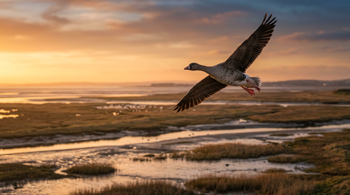 Pink-footed goose in flight over Sefton Coast marshland at dusk