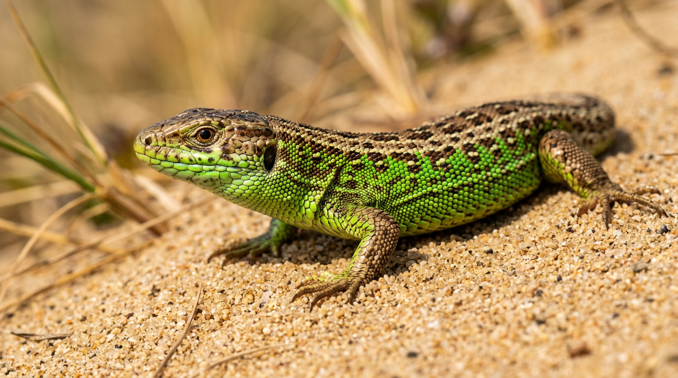 Sand Lizard male in vivid green breeding condition basking on warm dune sand at Ainsdale NNR
